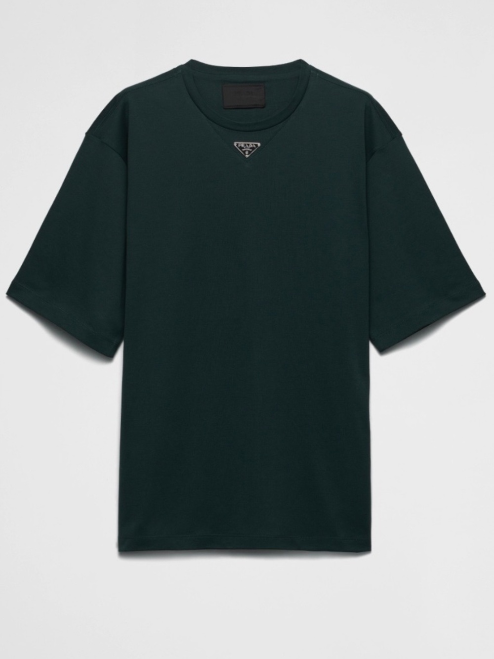MEN'S AUTHENTIC PRADA BOTTLE GREEN COTTON T-SHIRT TRIANGLE METAL LOGO SMALL OVER